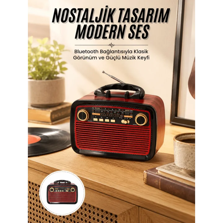 Mey İthalat® Nostalji Radyo Bluetooth Hoparlör USB-SD Kart Giriş Led Fener Işıklı Bataryalı Pilli Yeni Nesil