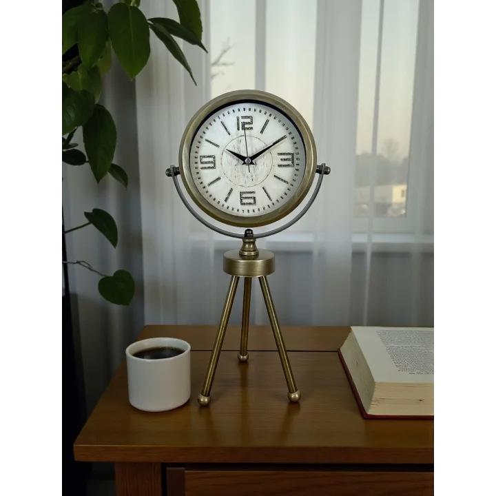 Mey İthalat® Nostalji Tripod Eskitme Üç Ayaklı Metal Masa Saati