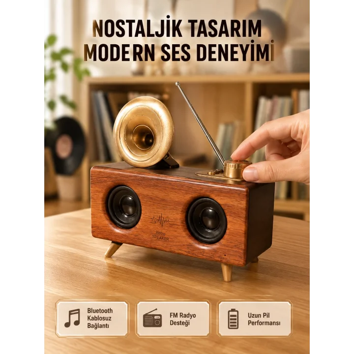 Mey İthalat® Nostaljik Gramofon Bluetooth Hoparlör – FM Radyo + USB + SD Kart Destekli