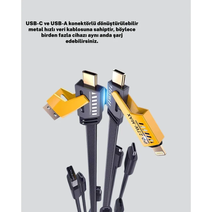 Mey İthalat® Örgülü Tasarım 4’ü 1 Arada USB-C Lightning Hızlı Şarj Kablosu