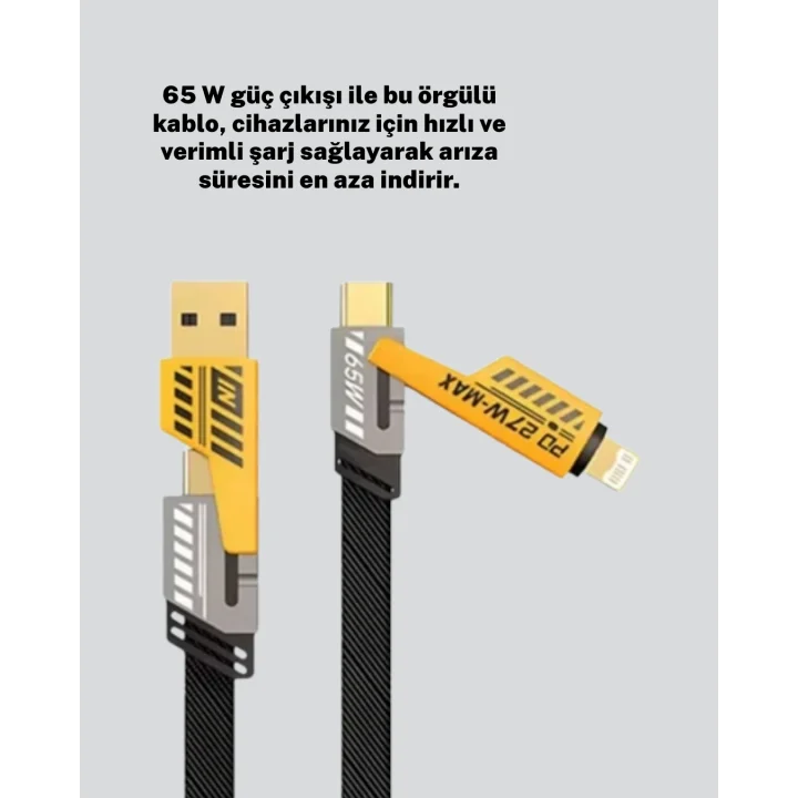 Mey İthalat® Örgülü Tasarım 4’ü 1 Arada USB-C Lightning Hızlı Şarj Kablosu