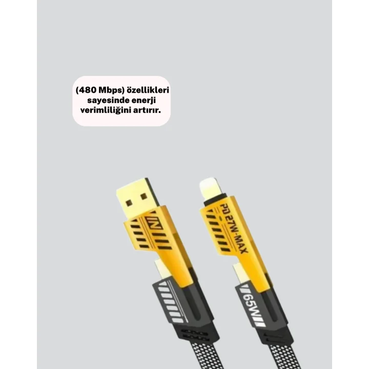 Mey İthalat® Örgülü Tasarım 4’ü 1 Arada USB-C Lightning Hızlı Şarj Kablosu