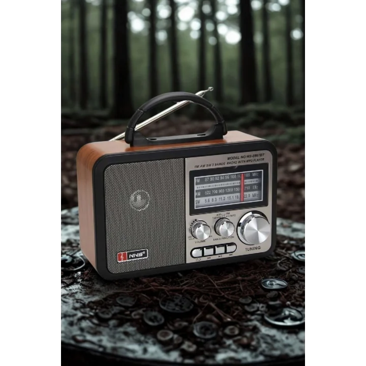 Mey İthalat®  Orta Boy Retro, Nostaljik, Ahşap Tasarım Bluetooth Hoparlörlü, Şarjlı, Taşınabilir FM/AM Destekli Radyo NS-8897
