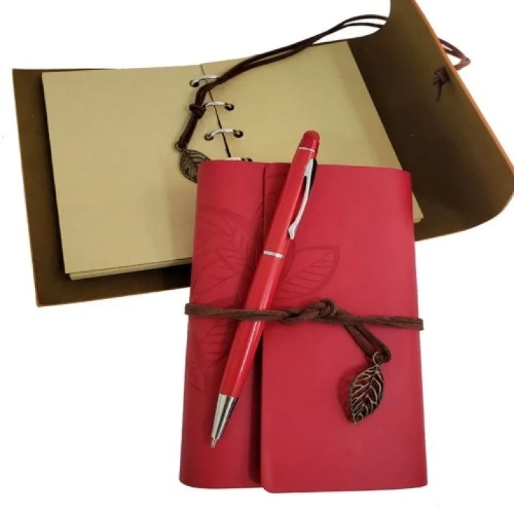 Mey İthalat®  Özel Ahşap Kutulu Kırmızı Deri Defter ve Kalem Set
