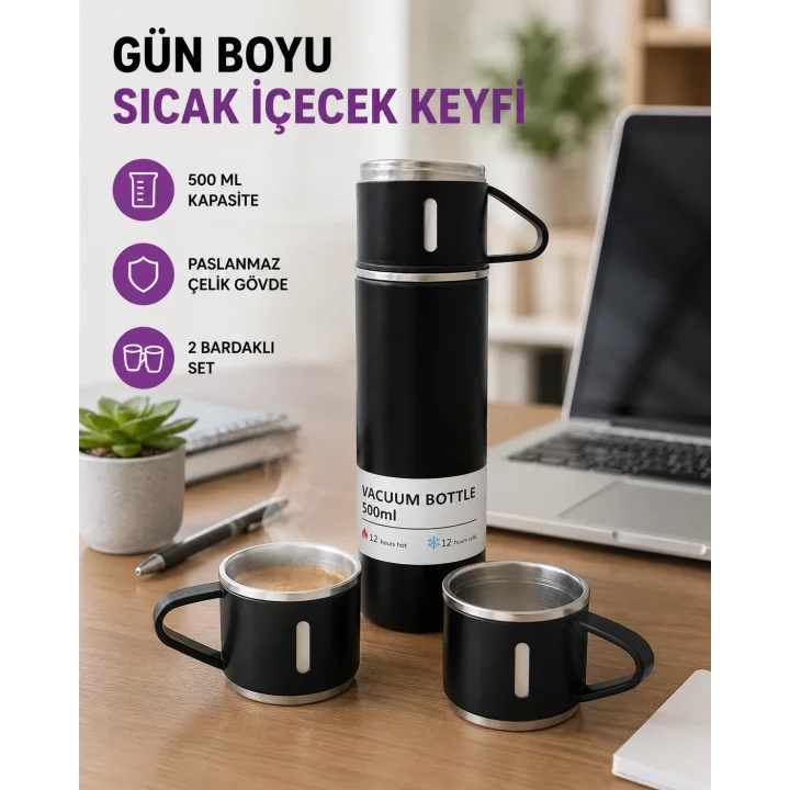 Mey İthalat® Paslanmaz Çelik 500 ml Termos Seti – 8 Saat Isı Koruma, Vakumlu, Sızdırmaz ve Taşınabilir