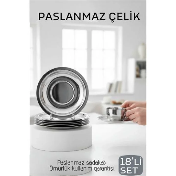 Mey İthalat® Paslanmaz Çelik Çay Tabağı Seti - Premium 304 Kalite  18 Parça Lüks Aynalı Parlaklık ve Modern Tasarım