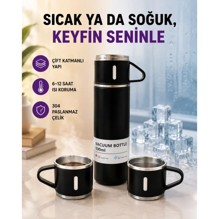 Mey İthalat® Paslanmaz Çelik Termos Seti | 500 ml Kapasite, 6-12 Saat Isı Koruma, Hediye Kutulu