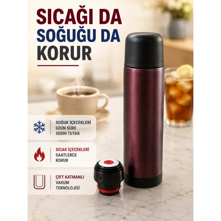 Mey İthalat® Paslanmaz Çelik Vakumlu Termos Sıcak ve Soğuk İçecek Termosu