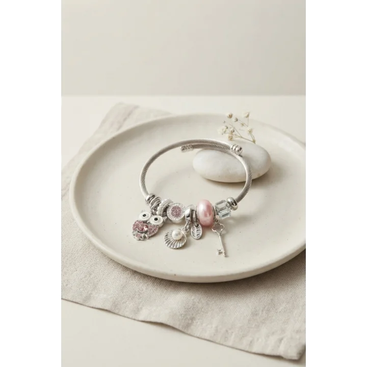 Mey İthalat® Pembe Baykuş Charmlı Gümüş Renk Bileklik
