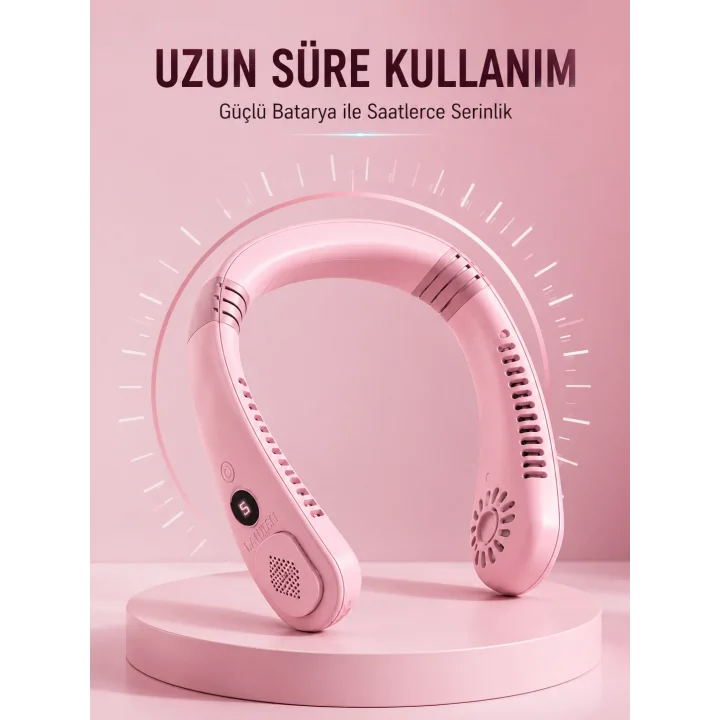Mey İthalat® Pembe Boyun Fanı Sessiz Çalışan USB Şarjlı Taşınabilir Kişisel Serinletici