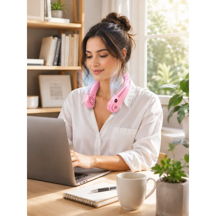Mey İthalat® Pembe Boyun Fanı Sessiz Çalışan USB Şarjlı Taşınabilir Kişisel Serinletici