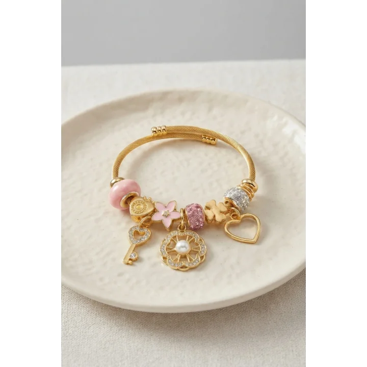 Mey İthalat® Pembe Charmlı Model Kadın Bileklik