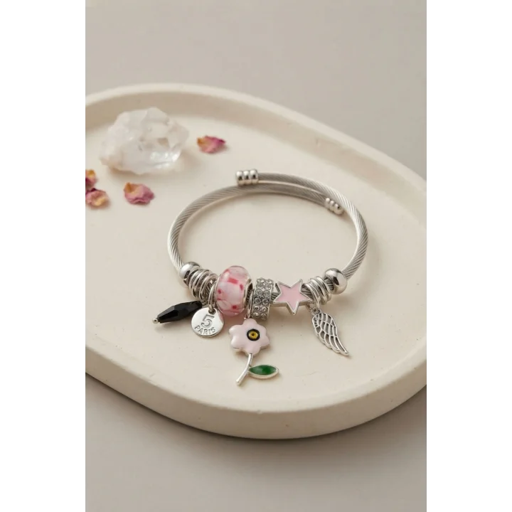 Mey İthalat® Pembe Çiçek Charmlı Bileklik