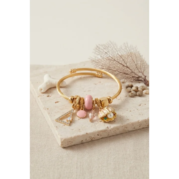 Mey İthalat® Pembe Deniz Kabuğu Model Gold Renk Charmlı Bileklik