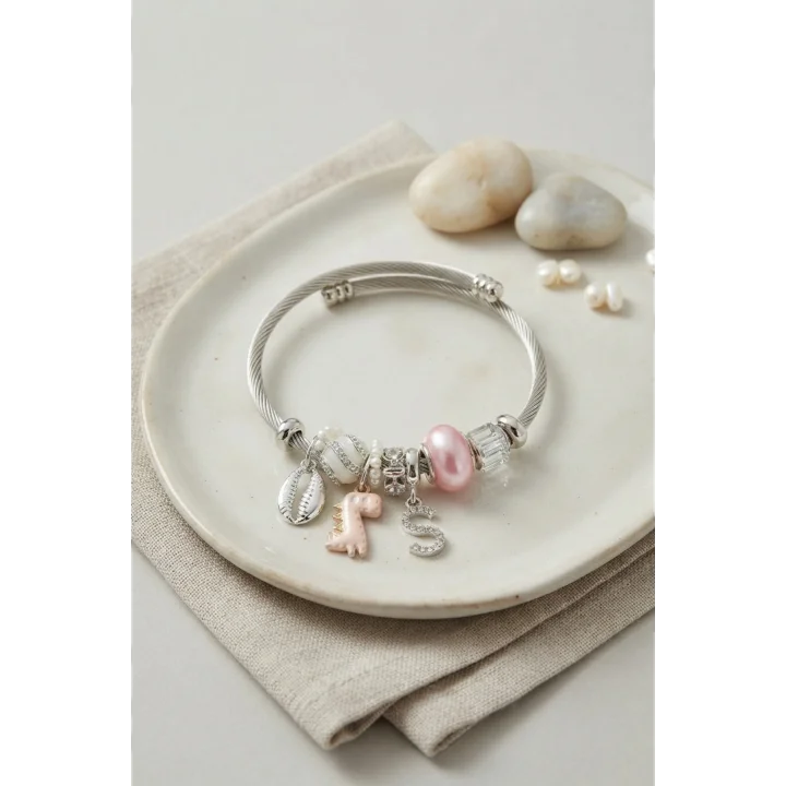 Mey İthalat® Pembe Dinazor Model Charmlı Gümüş Renk Bileklik