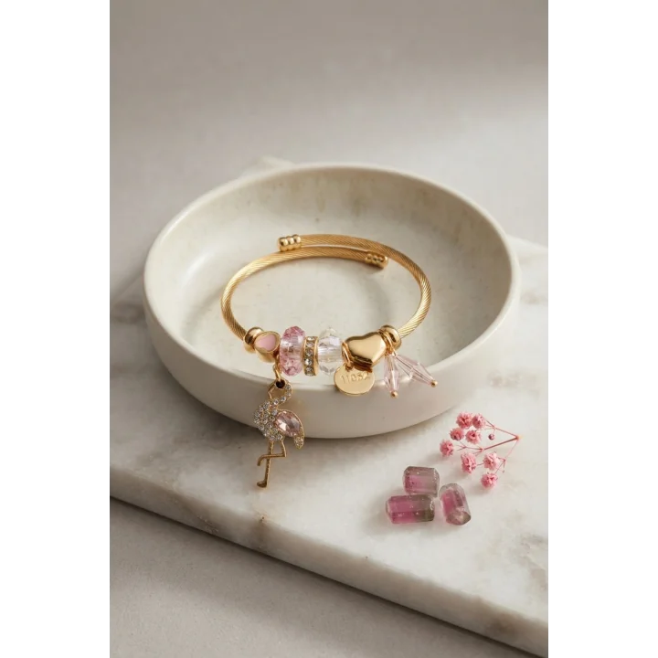 Mey İthalat® Pembe Flamingo Model Gold Renk Charmlı Bileklik