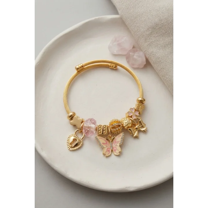 Mey İthalat® Pembe Kelebek Charmlı Bileklik
