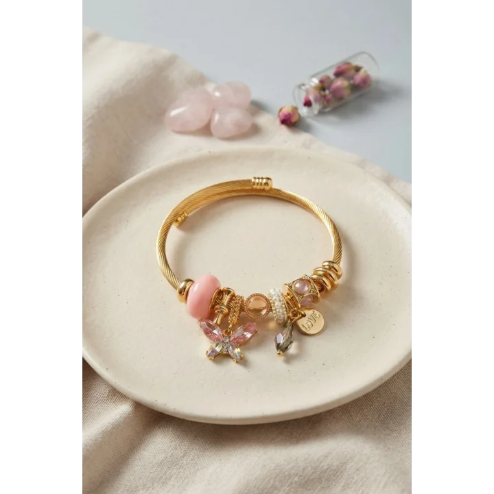 Mey İthalat® Pembe Kelebek Model Charmlı Bileklik