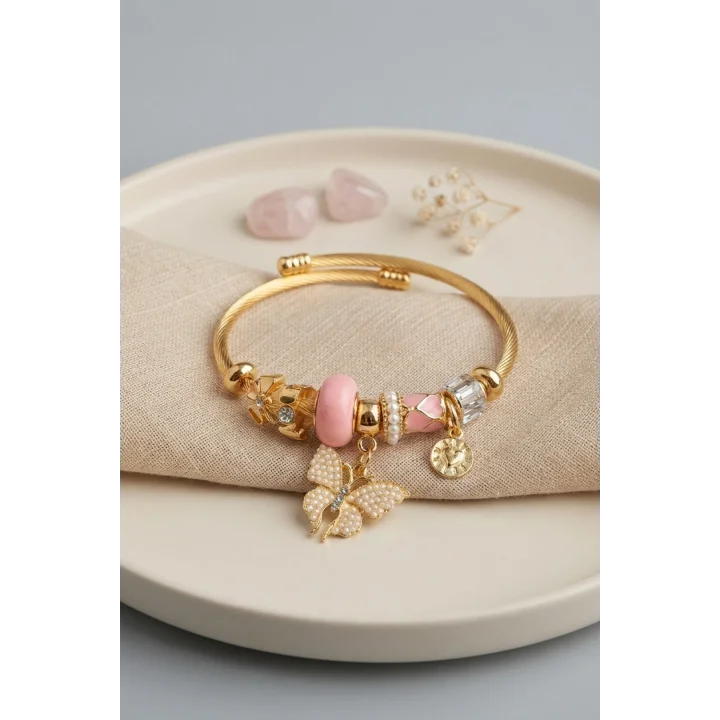 Mey İthalat® Pembe Kelebek Model Gold Renk Charmlı Bileklik
