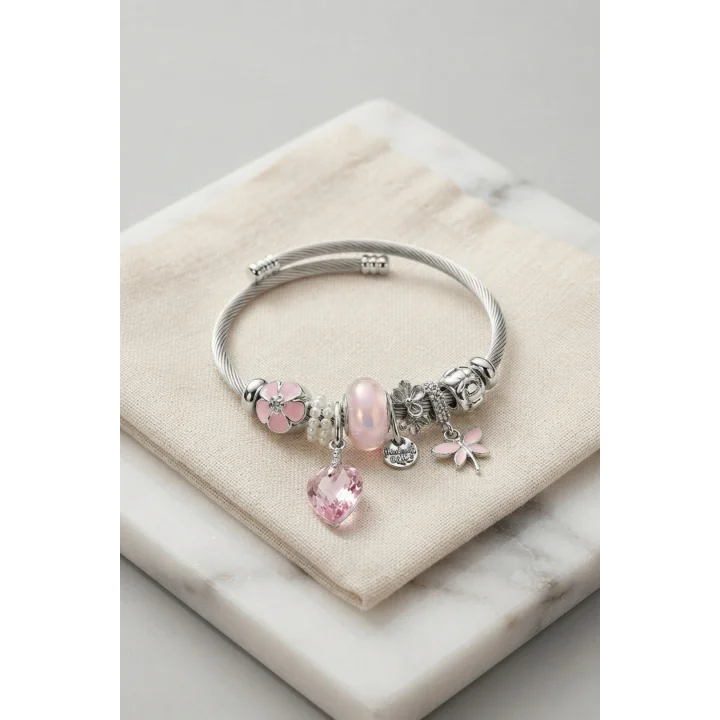 Mey İthalat® Pembe Kristal Kalp Charmlı Gümüş Renk Bileklik