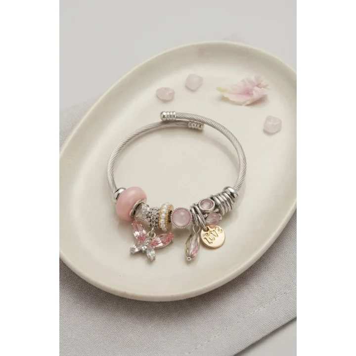 Mey İthalat® Pembe Kristal Kelebek Charmlı Bileklik