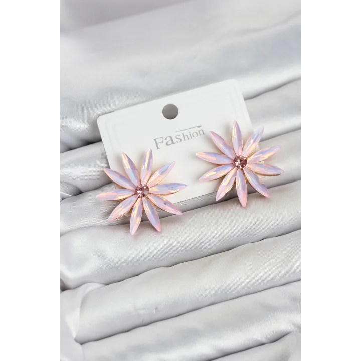 Mey İthalat® Pembe Kristal Taşlı Lotus Model Kadın Küpe