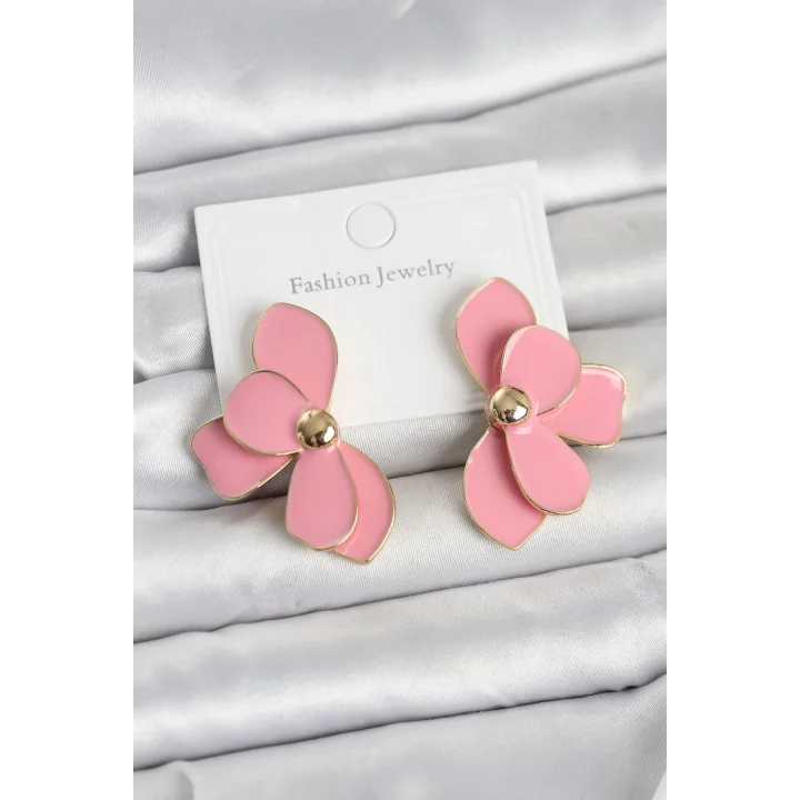 Mey İthalat® Pembe Mineli Lotus Model Pirinç Kadın Küpe