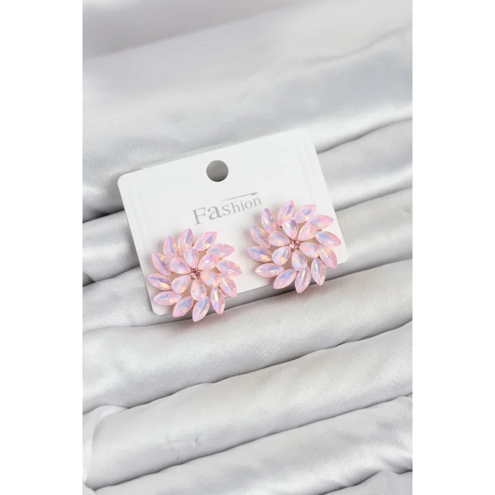 Mey İthalat® Pembe Renk Kristal Taşlı Çiçek Model Kadın Küpe