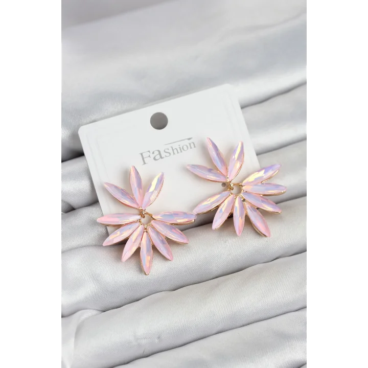 Mey İthalat® Pembe Renk Kristal Taşlı Lotus Model Kadın Küpe