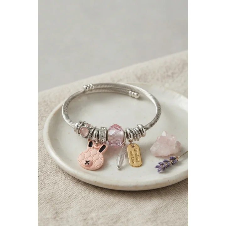 Mey İthalat® Pembe Şans Tavşanı Charmlı Bileklik