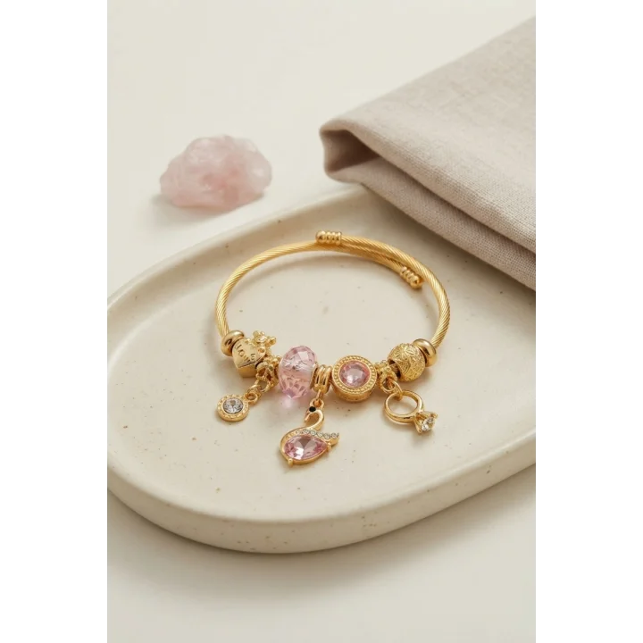 Mey İthalat® Pembe Swan Model Gold Renk Charmlı Bileklik