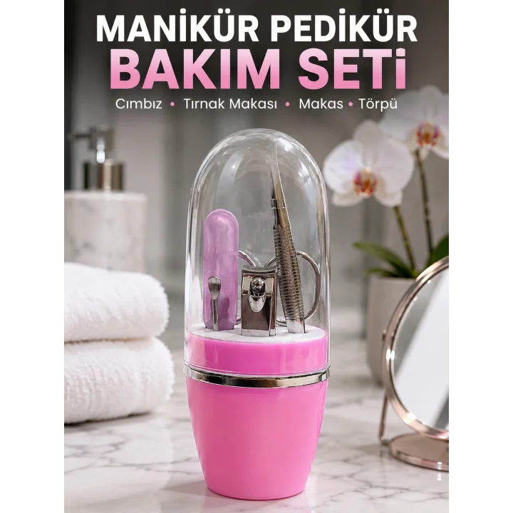 Mey İthalat® Pembe Tırnak Bakım Seti Cımbız Makas Tırnak Makası ve Törpü İçeren Kit