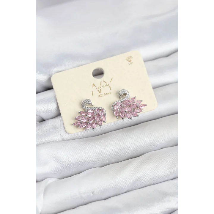 Mey İthalat® Pembe Zirkon Taşlı Gümüş Swan Kuğu Model Kadın Küpe