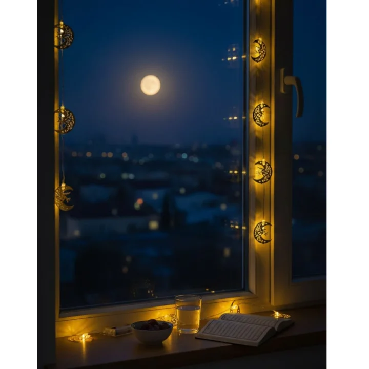 Mey İthalat® Pilli Minareli Hilal LED Işık Gold Metal Ramazan Dekorasyonu