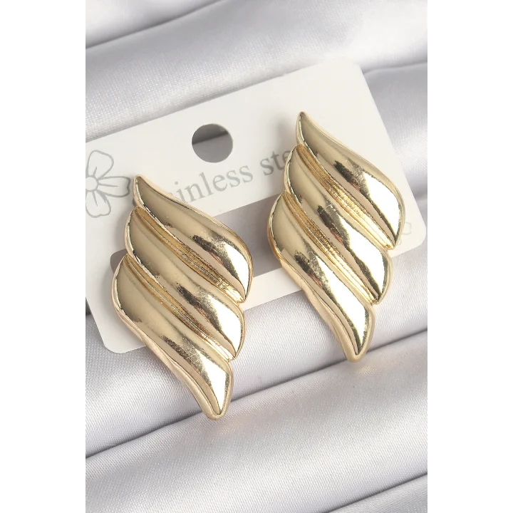 Mey İthalat® Pirinç Gold Renk 3 Sıralı Dalgalı Model Kadın Küpe