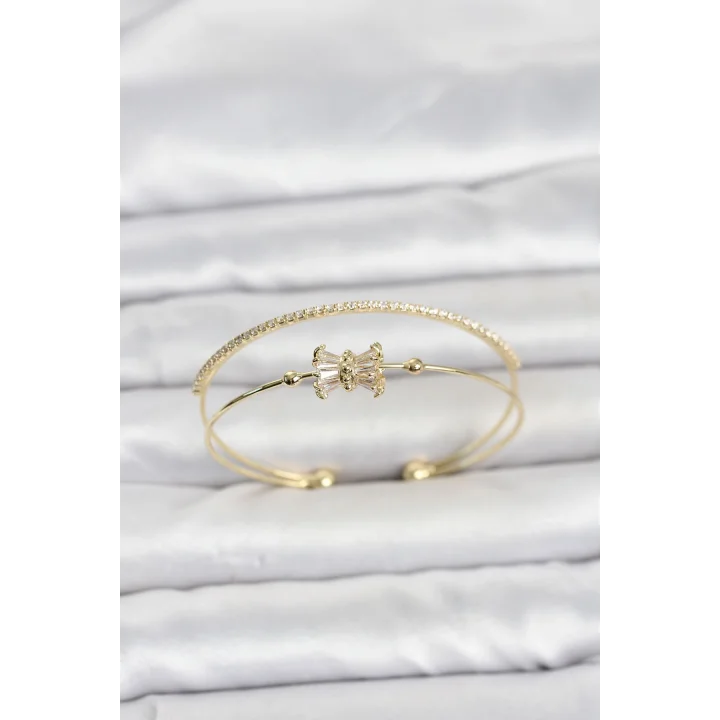 Mey İthalat® Pirinç Gold Renk Baget Zirkon Taşlı Objeli Kadın Bileklik