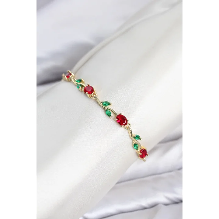 Mey İthalat® Pirinç Gold Renk Kırmızı Zirkon Taşlı Çiçek Model Kadın Bileklik