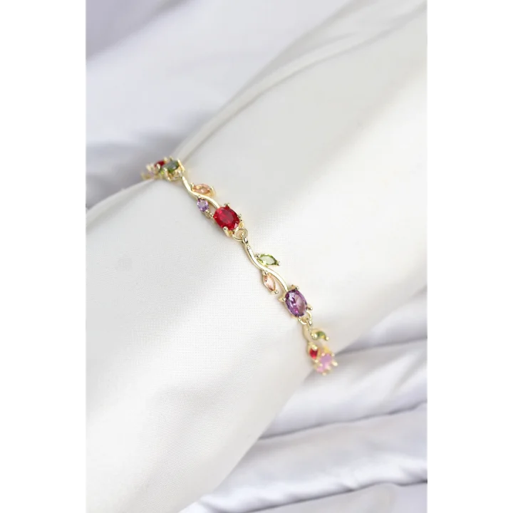 Mey İthalat® Pirinç Gold Renk Mix Renk Zirkon Taşlı Çiçek Model Kadın Bileklik