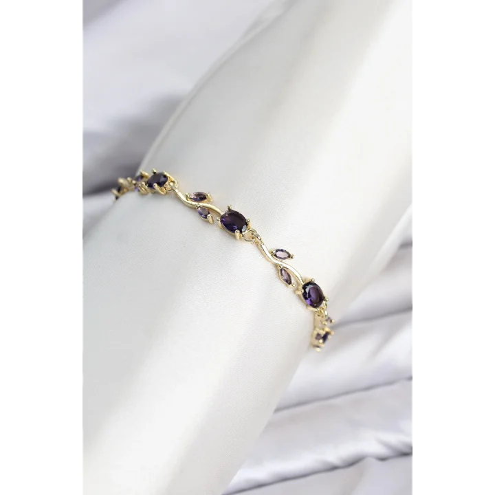 Mey İthalat® Pirinç Gold Renk Mor Zirkon Taşlı Çiçek Model Kadın Bileklik