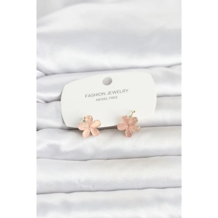 Mey İthalat® Pirinç Gold Renk Pembe Çiçek Model Çocuk Küpe