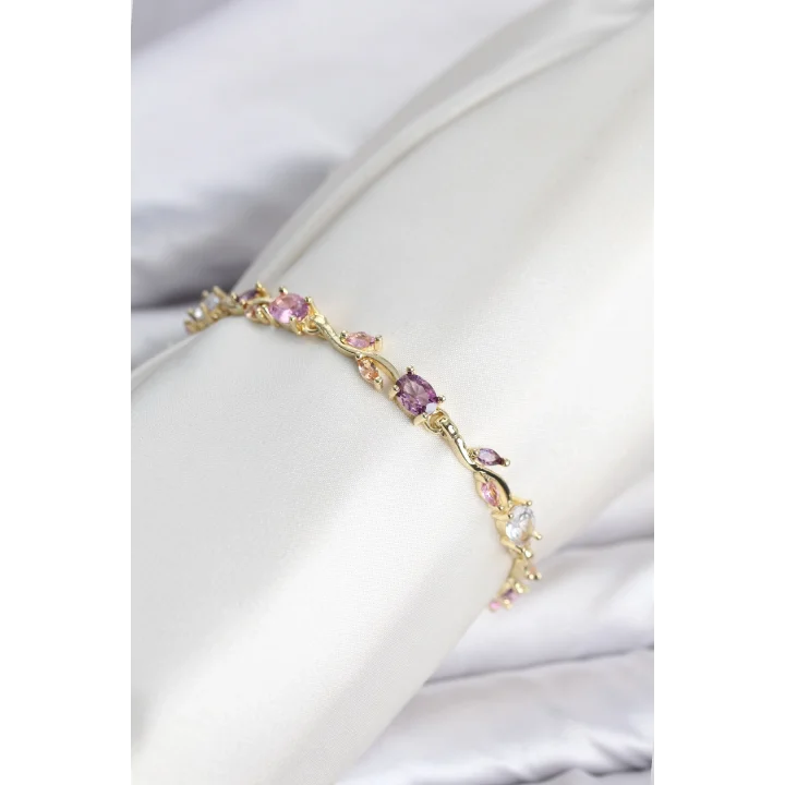 Mey İthalat® Pirinç Gold Renk Pembe ve Mor Zirkon Taşlı Çiçek Model Kadın Bileklik