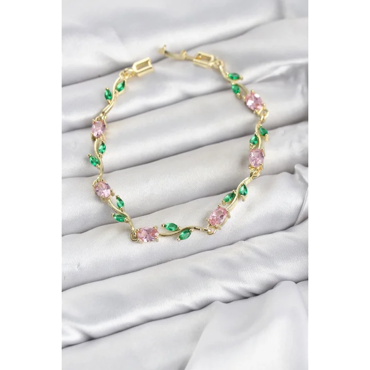 Mey İthalat® Pirinç Gold Renk Pembe Zirkon Taşlı Çiçek Model Kadın Bileklik