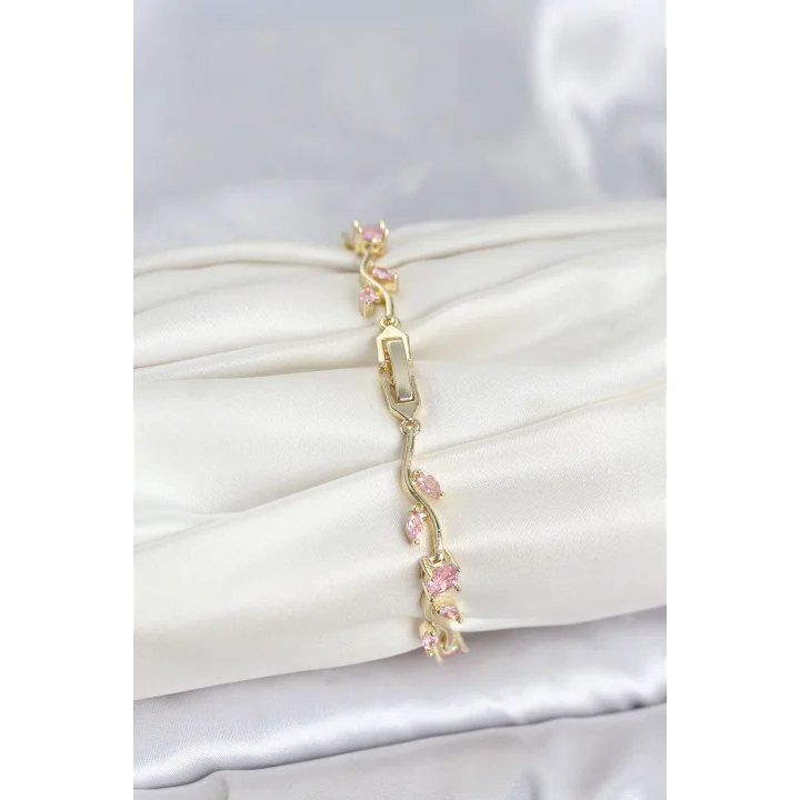 Mey İthalat® Pirinç Gold Renk Pembe Zirkon Taşlı Çiçek Model Kadın Bileklik