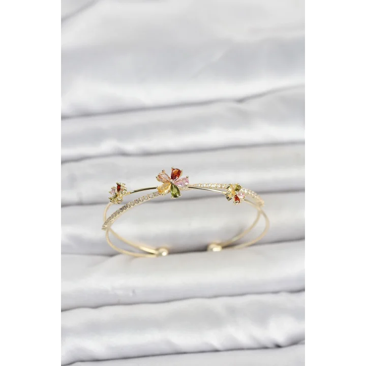 Mey İthalat® Pirinç Gold Renk Renkli Çiçek Model Kadın Bileklik
