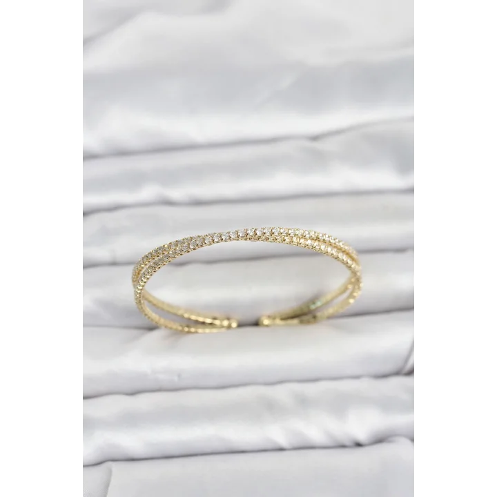 Mey İthalat® Pirinç Gold Renk Zirkon Taşlı Çapraz Model Kadın Bileklik