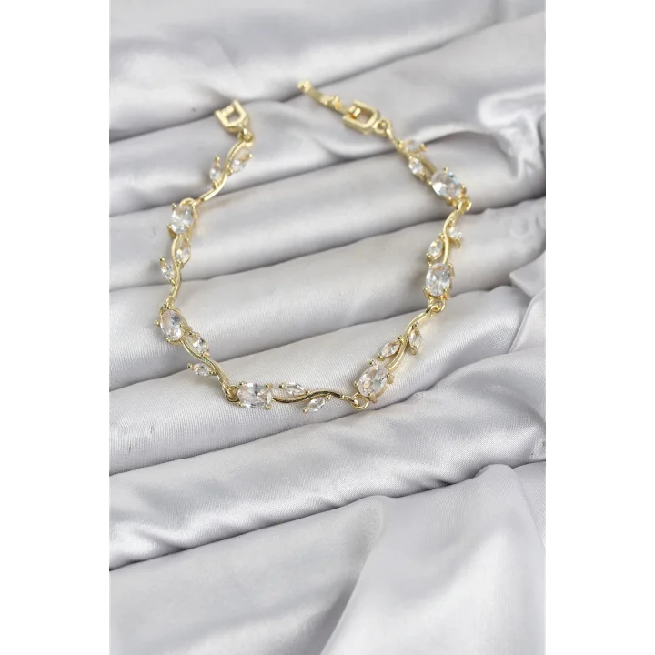 Mey İthalat® Pirinç Gold Renk Zirkon Taşlı Çiçek Model Kadın Bileklik