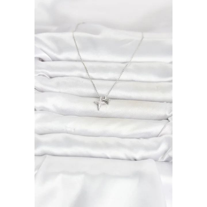 Mey İthalat® Pirinç Gümüş Renk Minimal Kutup Yıldızı Model Kadın Kolye