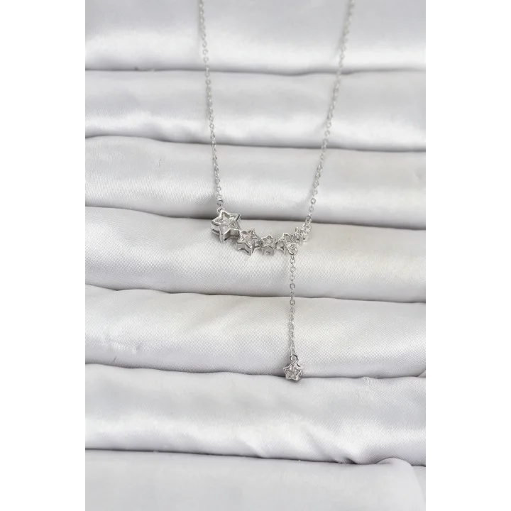 Mey İthalat® Pirinç Gümüş Renk Minimal Sallantılı Yıldız Model Kadın Kolye