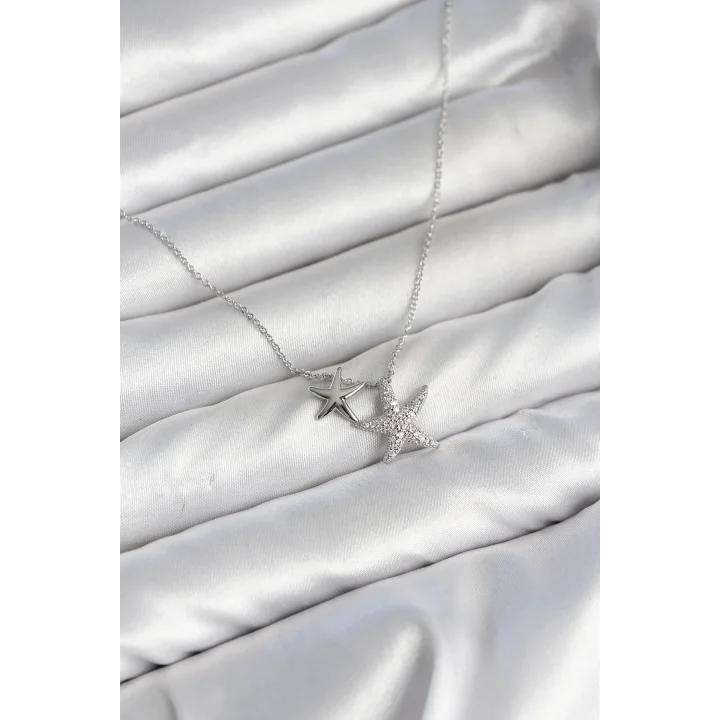 Mey İthalat® Pirinç Gümüş Renk Minimal Yıldız Model Kadın Kolye