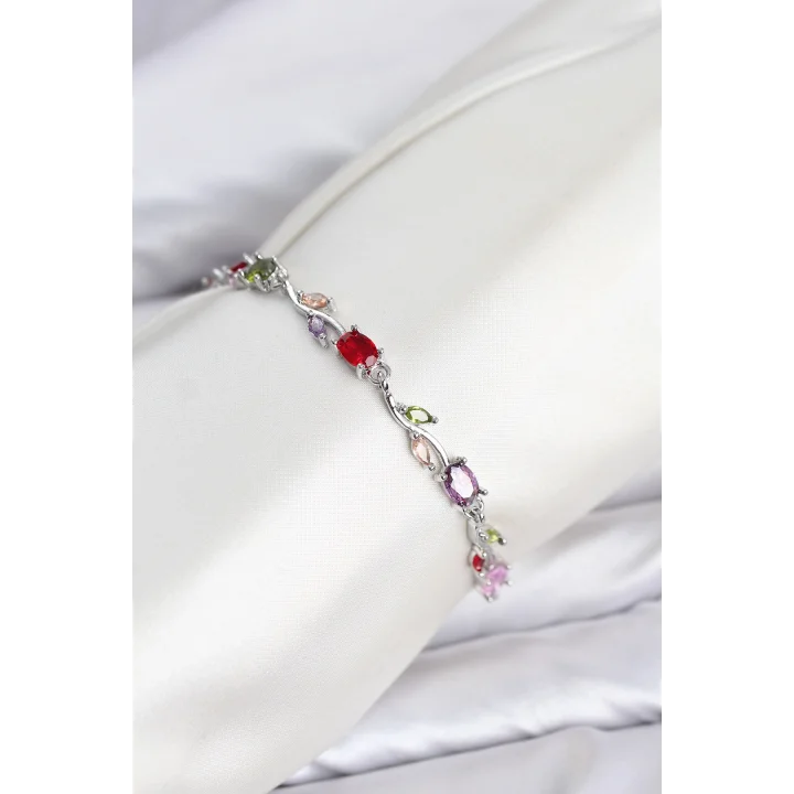 Mey İthalat® Pirinç Gümüş Renk Mix Renk Zirkon Taşlı Çiçek Model Kadın Bileklik